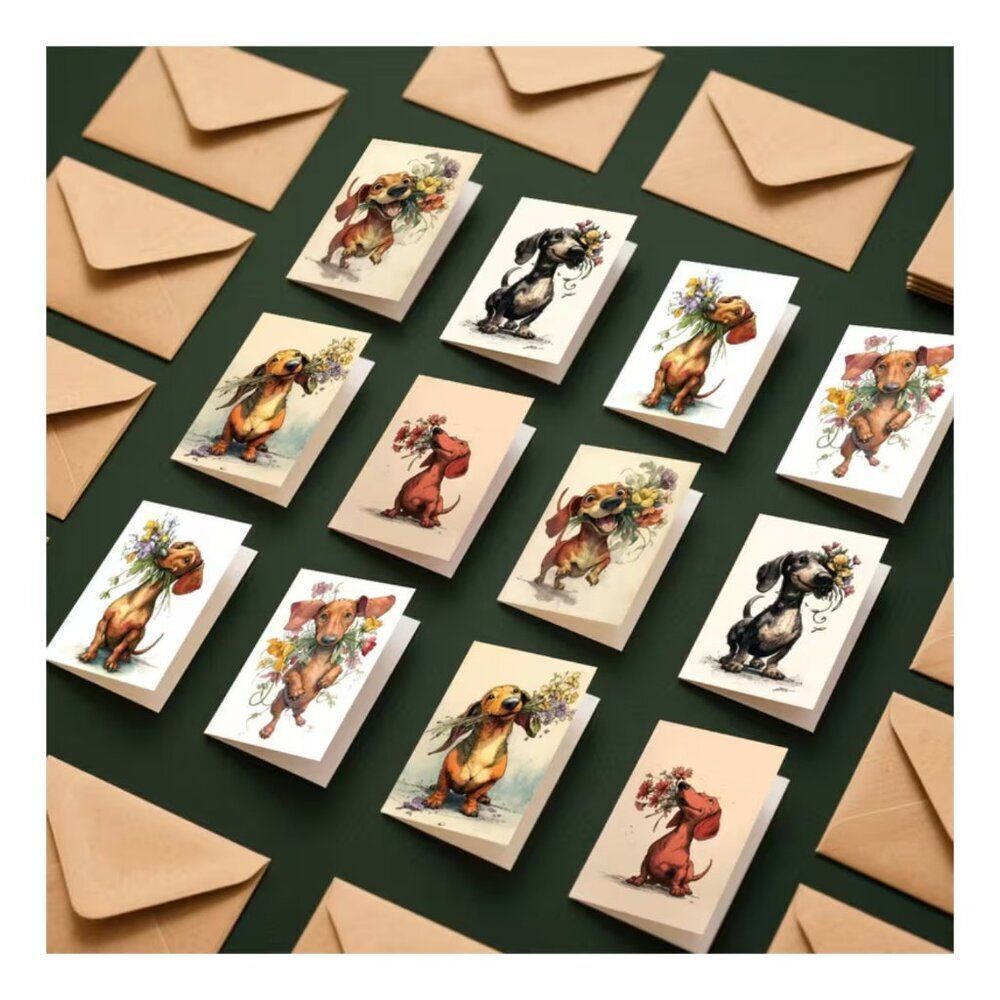 NWT Dachshund Puppy Flower Bouquet Greeting Cards Set 12 Pk 3.5x5 Envelopes Cute - Picture 6 of 8